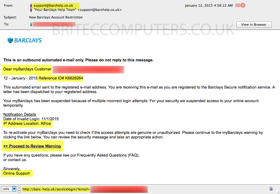 Phishing Barclays Bank email