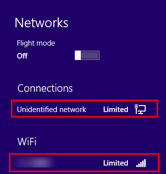 Unidentified Network, Limited internet access, Error in Windows 8.1